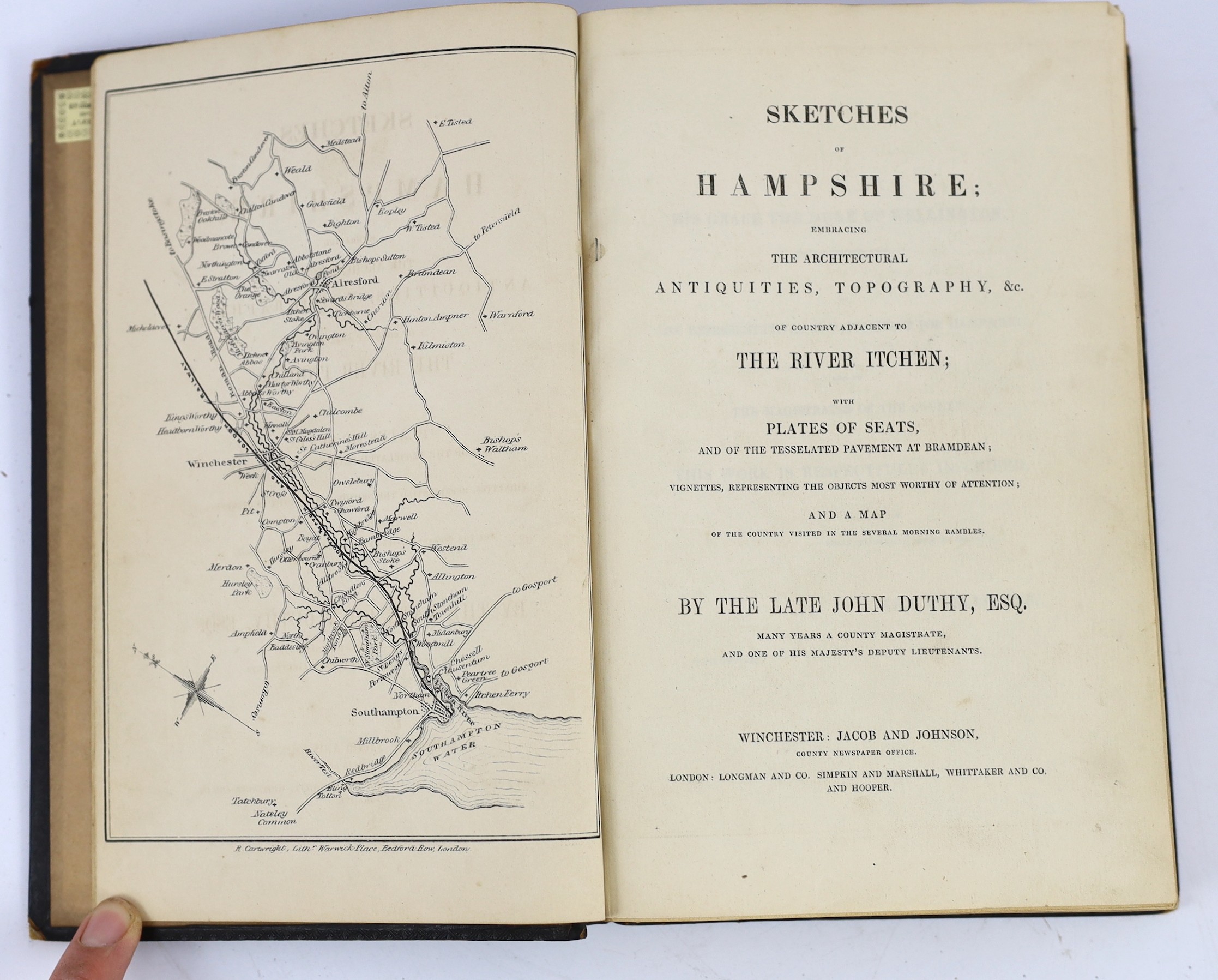 HANTS: Duthy, John - Sketches of Hampshire: embracing the architectural antiquities, topography, &c. of country adjacent to the River Itchen...8 plates (2 coloured), a map and text engravings; later 19th century black gi